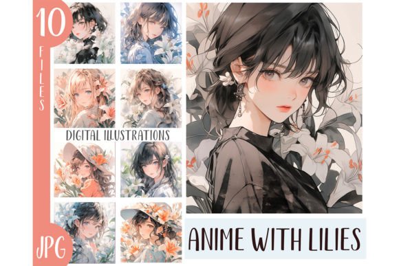 Download Watercolor Lilies Girl Anime Clipart JPG - Lilies Collection
